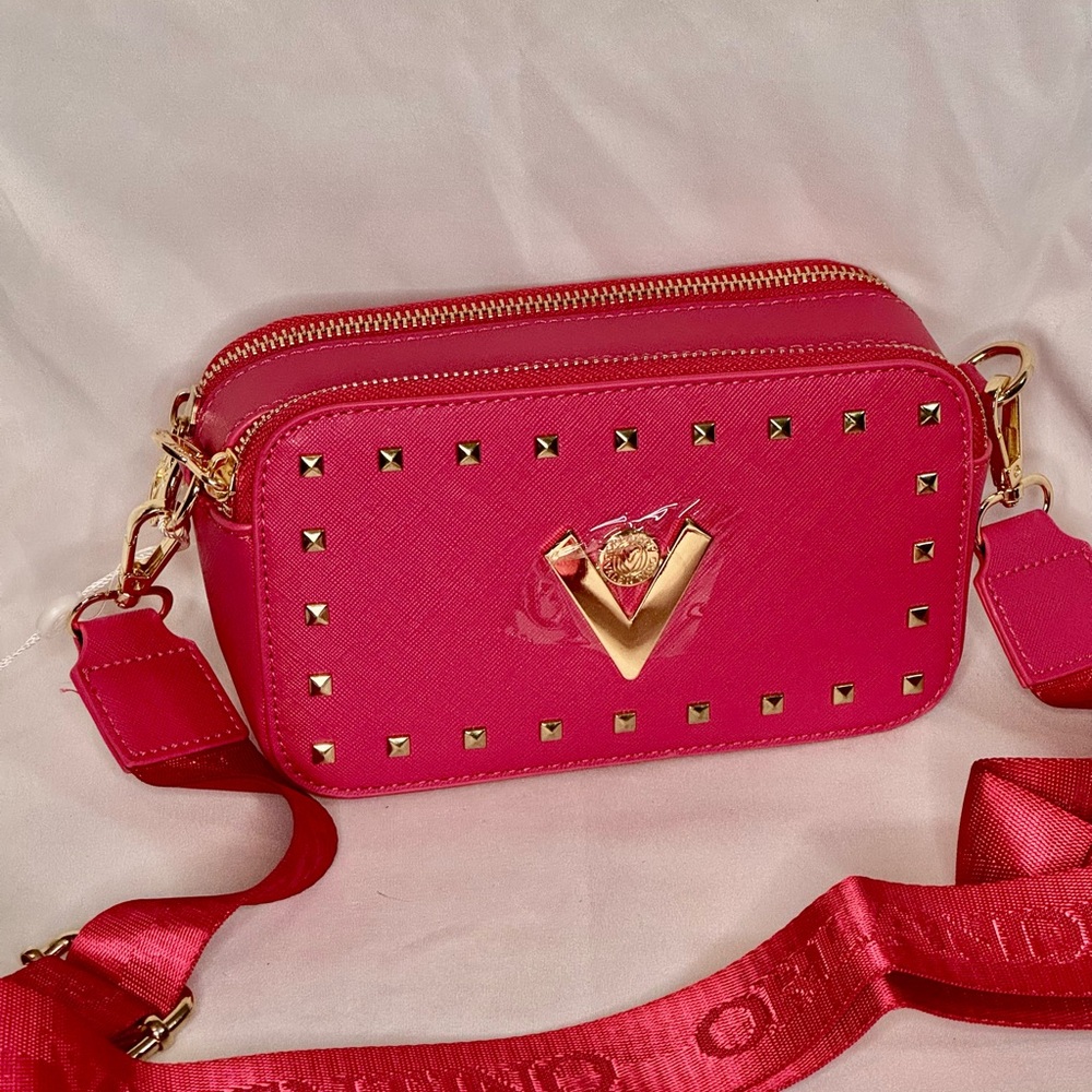 Pink and Gold Valentino Orlandi Crossbody Camera Bag with Studded Embellishments